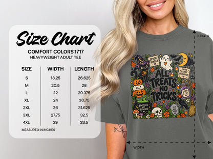 Comfort Colors 1717 size chart for heavyweight adult tee with Halloween graphic.