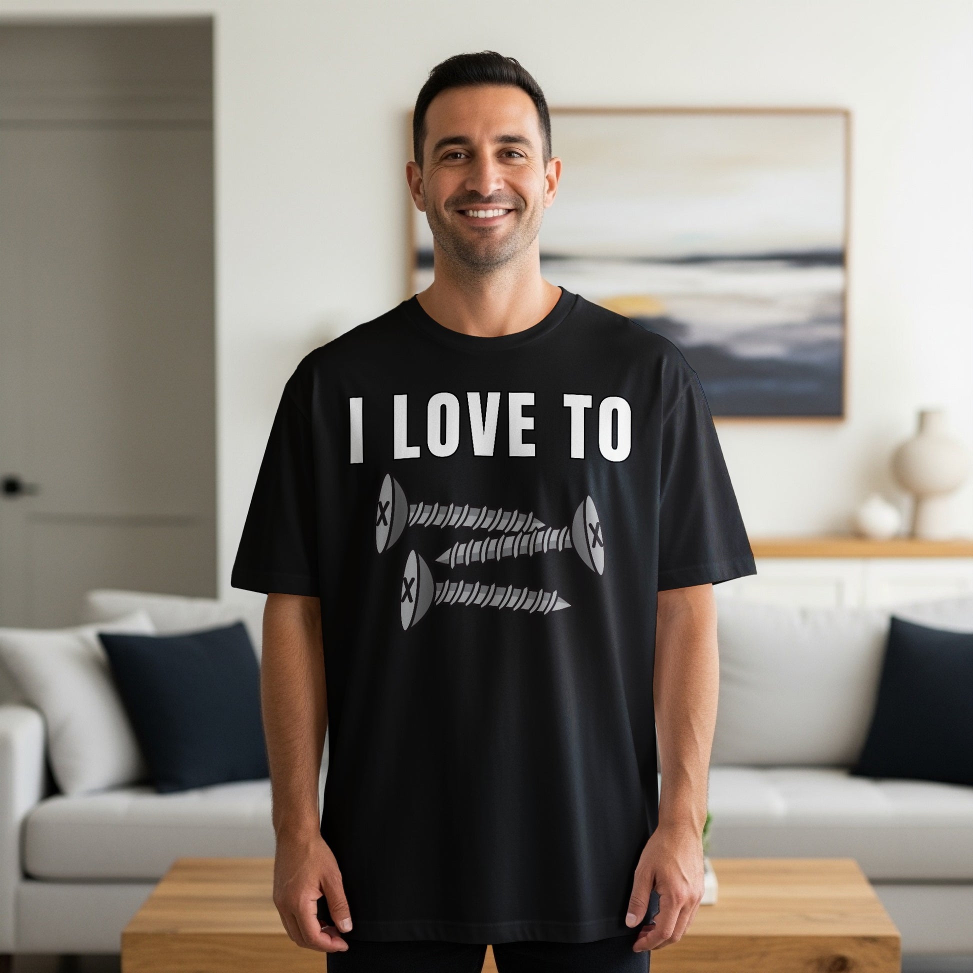 Black t-shirt with "I LOVE TO" text and three screw graphics.
