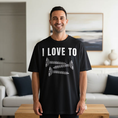 Black t-shirt with "I LOVE TO" text and three screw graphics.