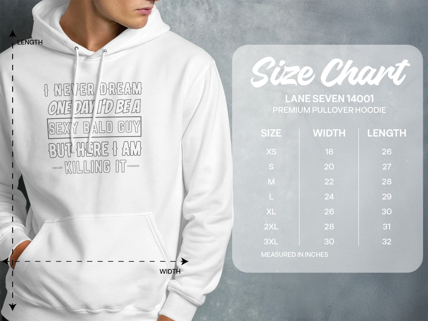 White hoodie with graphic text and a Lane Seven size chart.