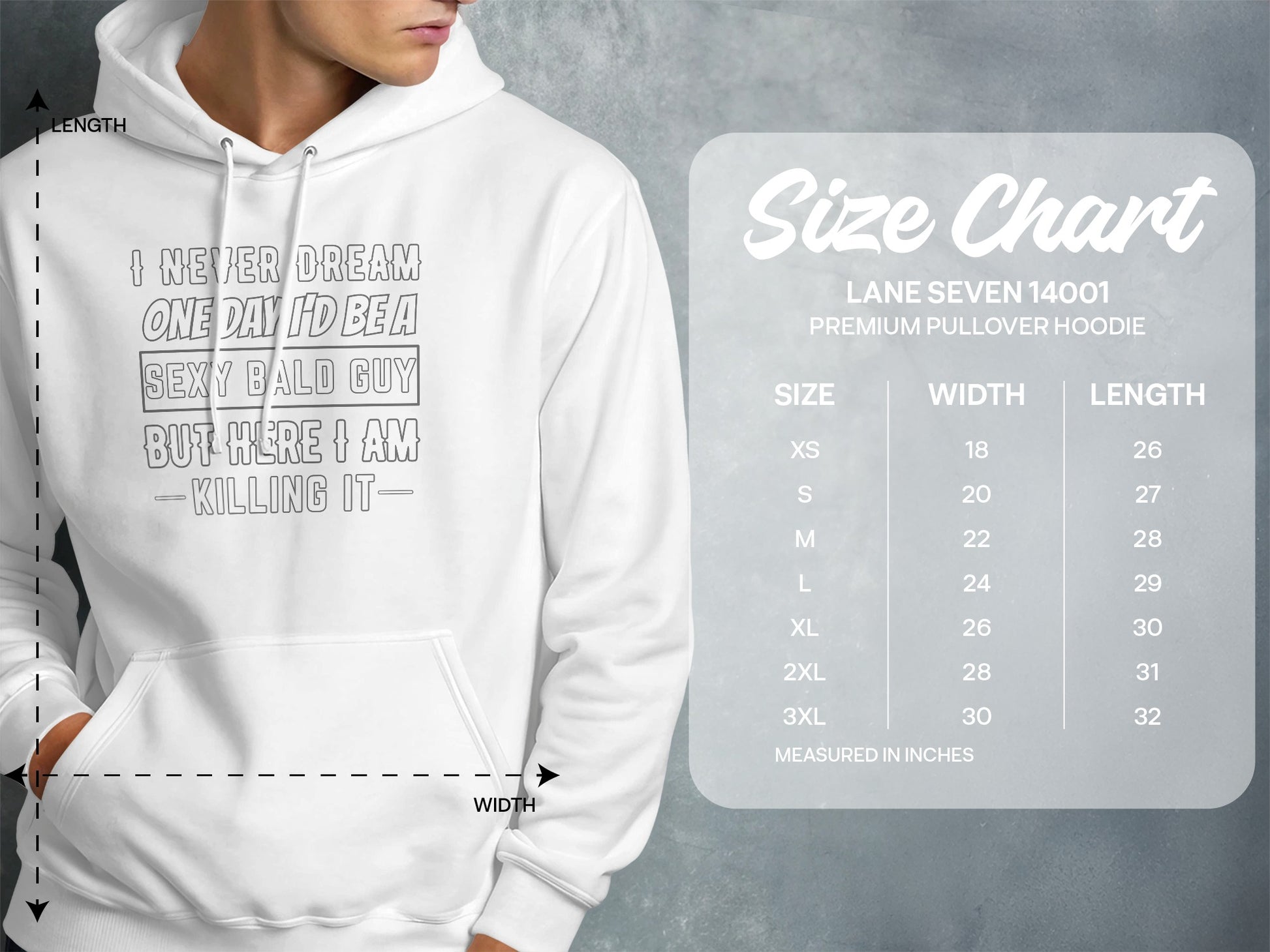 White hoodie with graphic text and a Lane Seven size chart.