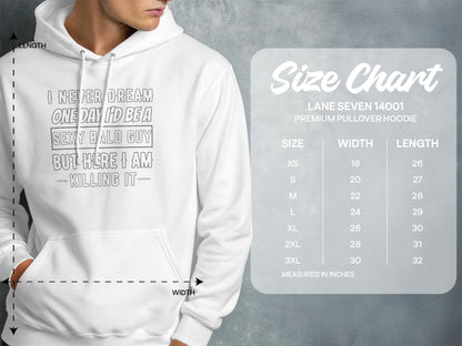 White hoodie with graphic text and a Lane Seven size chart.