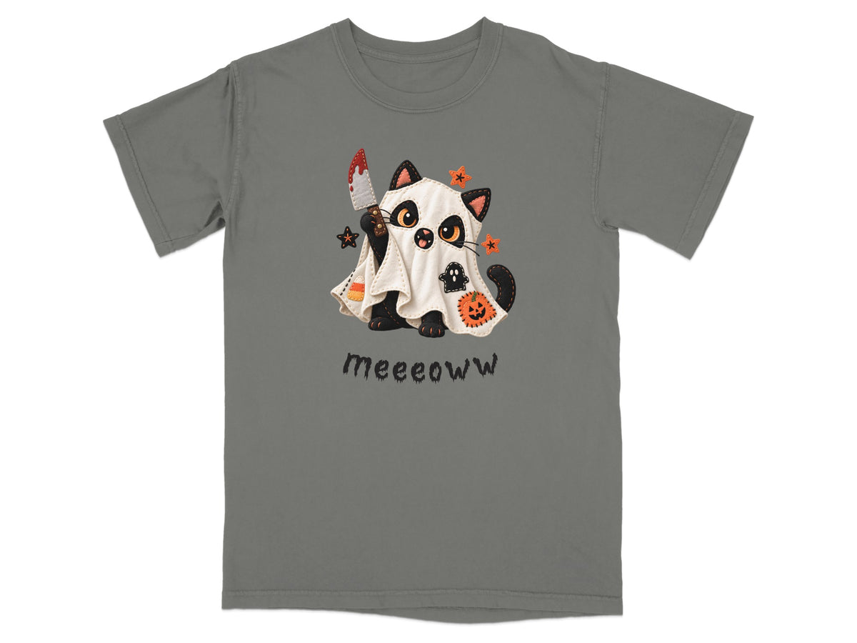 T-shirt with cartoon black cat in ghost costume holding bloody knife and text "meeoww".