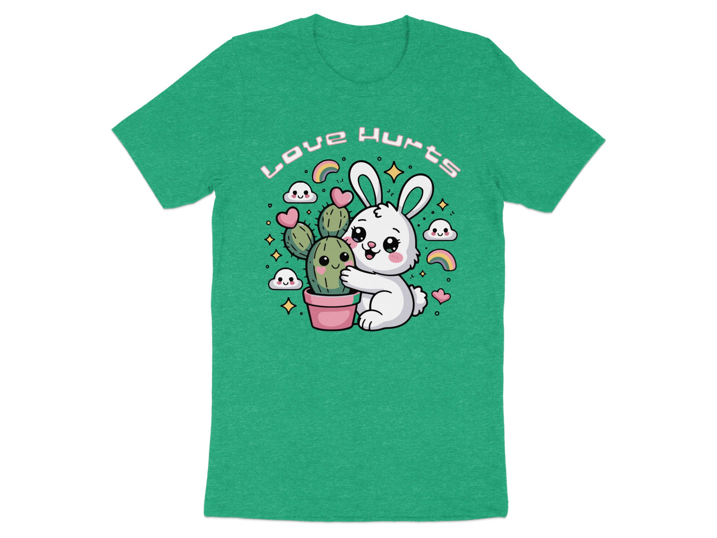 White rabbit hugging a prickly cactus with text "LOVE HURTS".