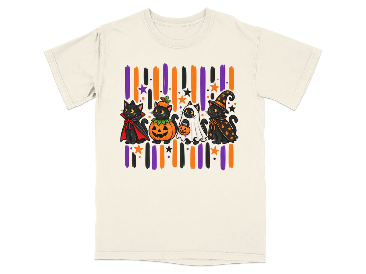 Four Halloween cats in costumes and a pumpkin on a striped background.