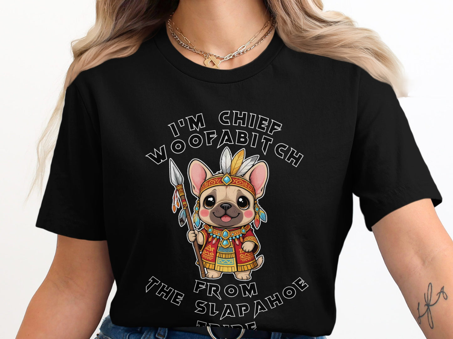 Black t-shirt with a cartoon French bulldog in Native American attire holding a spear.