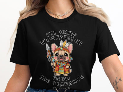 Black t-shirt with a cartoon French bulldog in Native American attire holding a spear.