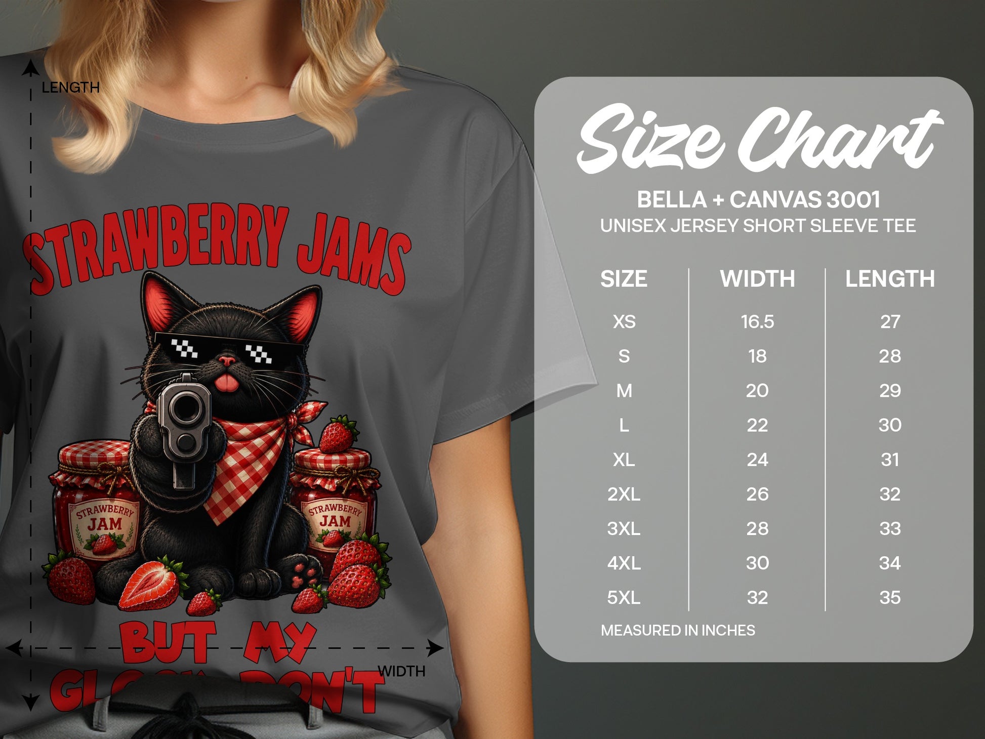 Black cat wearing sunglasses and bandana holding a gun, with strawberry jam jars.