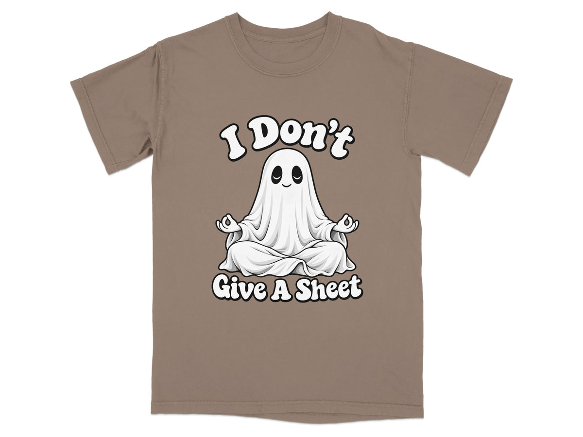 Brown t-shirt with a ghost meditating and the text "I Don't Give A Sheet".