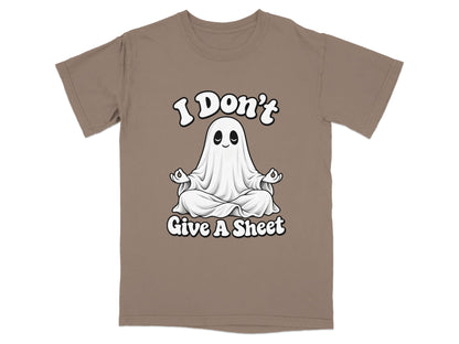 Brown t-shirt with a ghost meditating and the text "I Don't Give A Sheet".