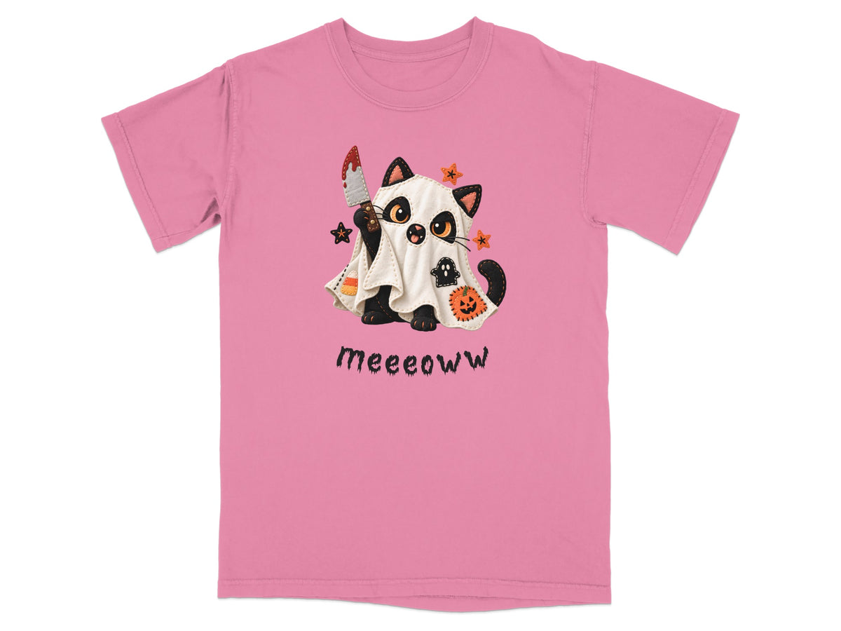 Pink t-shirt with a black cat wearing a ghost costume holding a bloody knife.