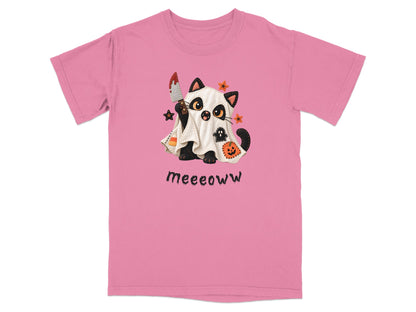 Pink t-shirt with a black cat wearing a ghost costume holding a bloody knife.