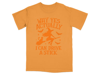 Orange t-shirt with "WHY YES ACTUALLY I CAN DRIVE A STICK" and Halloween graphics.