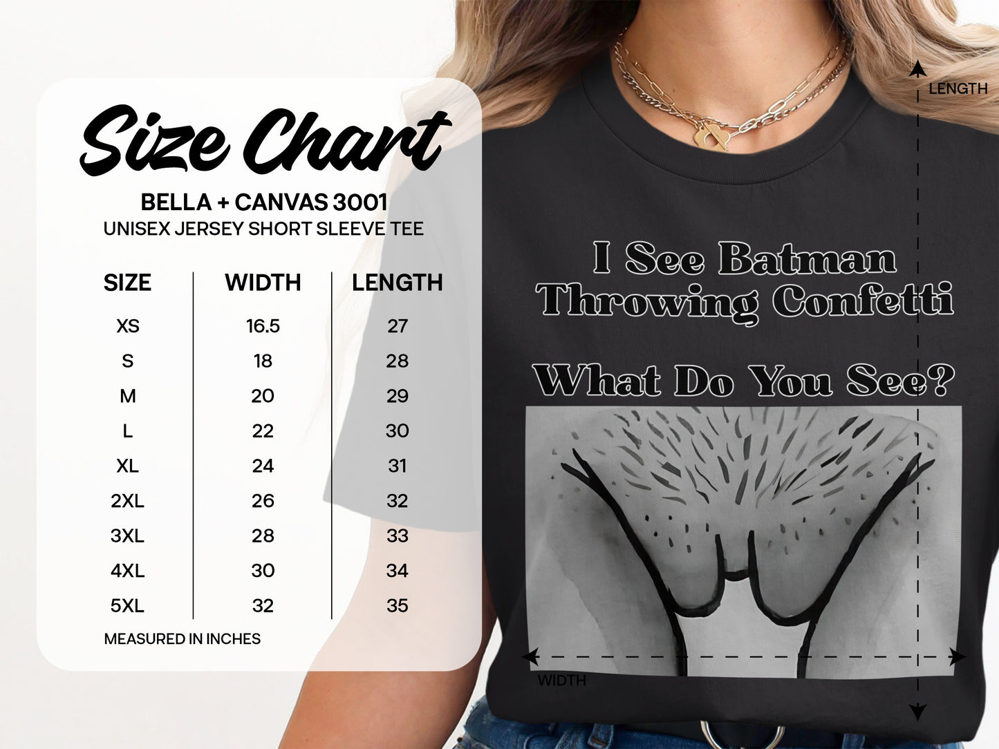 Size chart for BELLA + CANVAS 3001 unisex jersey short sleeve tee.