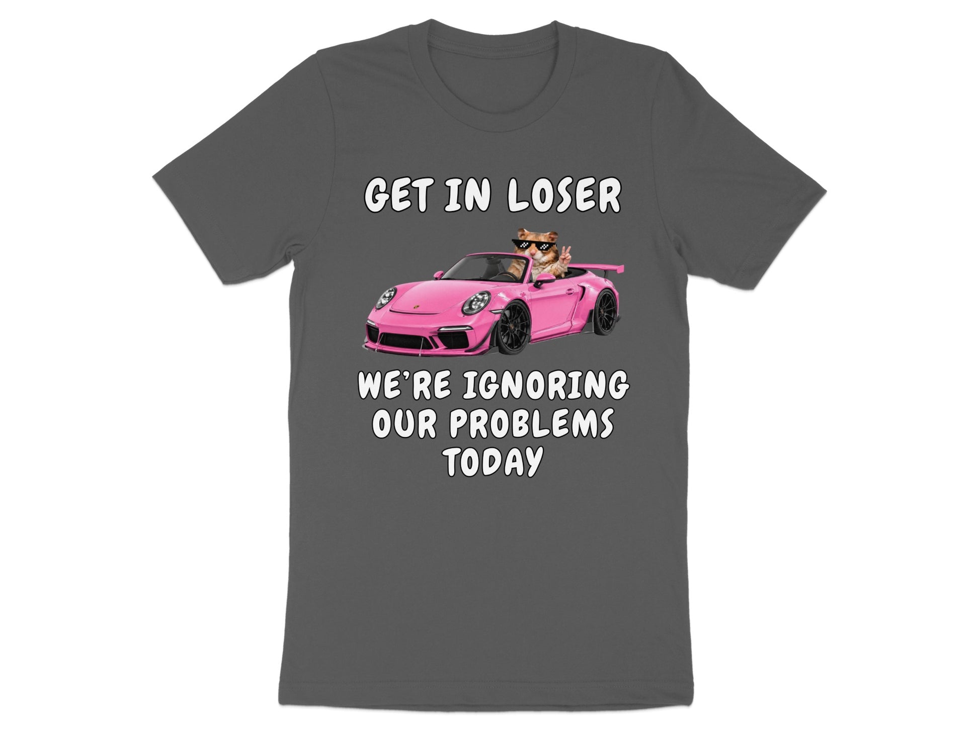 Cat driving pink car with sunglasses, text "GET IN LOSER WE'RE IGNORING OUR PROBLEMS TODAY".