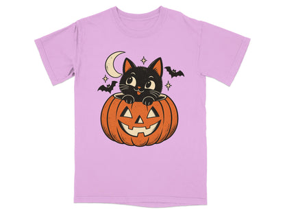 Black cat in jack-o'-lantern with moon, stars, and bats.