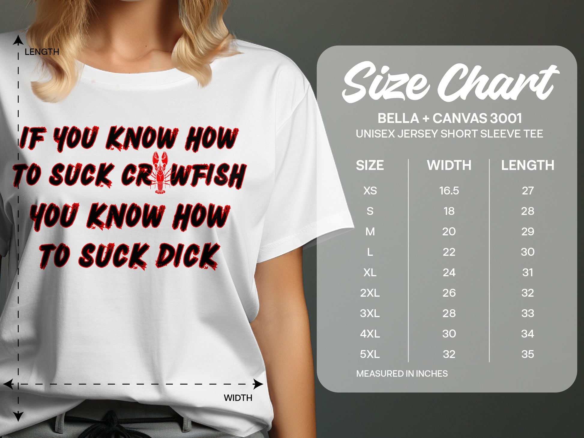 Bella + Canvas 3001 size chart for unisex jersey short sleeve tee with measurements.