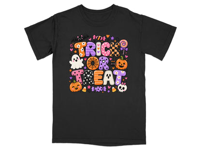 Black t-shirt with "Trick or Treat" text and Halloween icons.