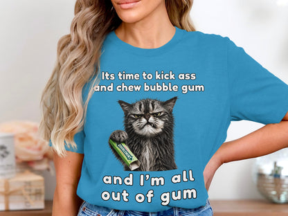 Grumpy cat holds Doublemint gum with text "It's time to kick ass and chew bubble gum and I'm all out of gum".