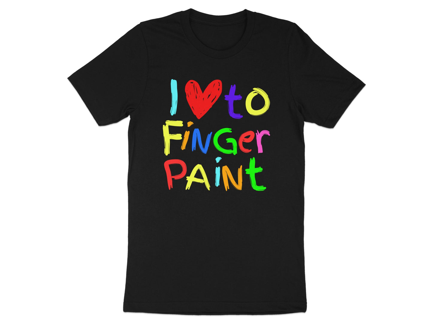 Black t-shirt with colorful "I ❤ to FINGER PAINT" text design.