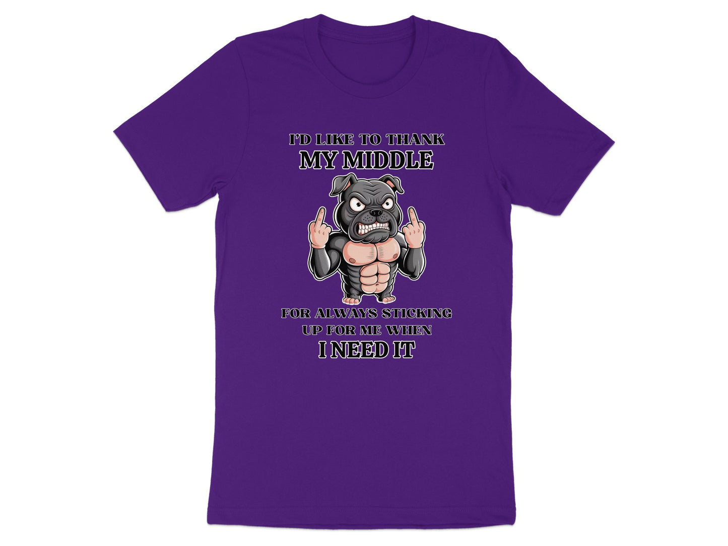 Purple t-shirt with a muscular bulldog giving the middle finger and saying "I'd like to thank my middle".