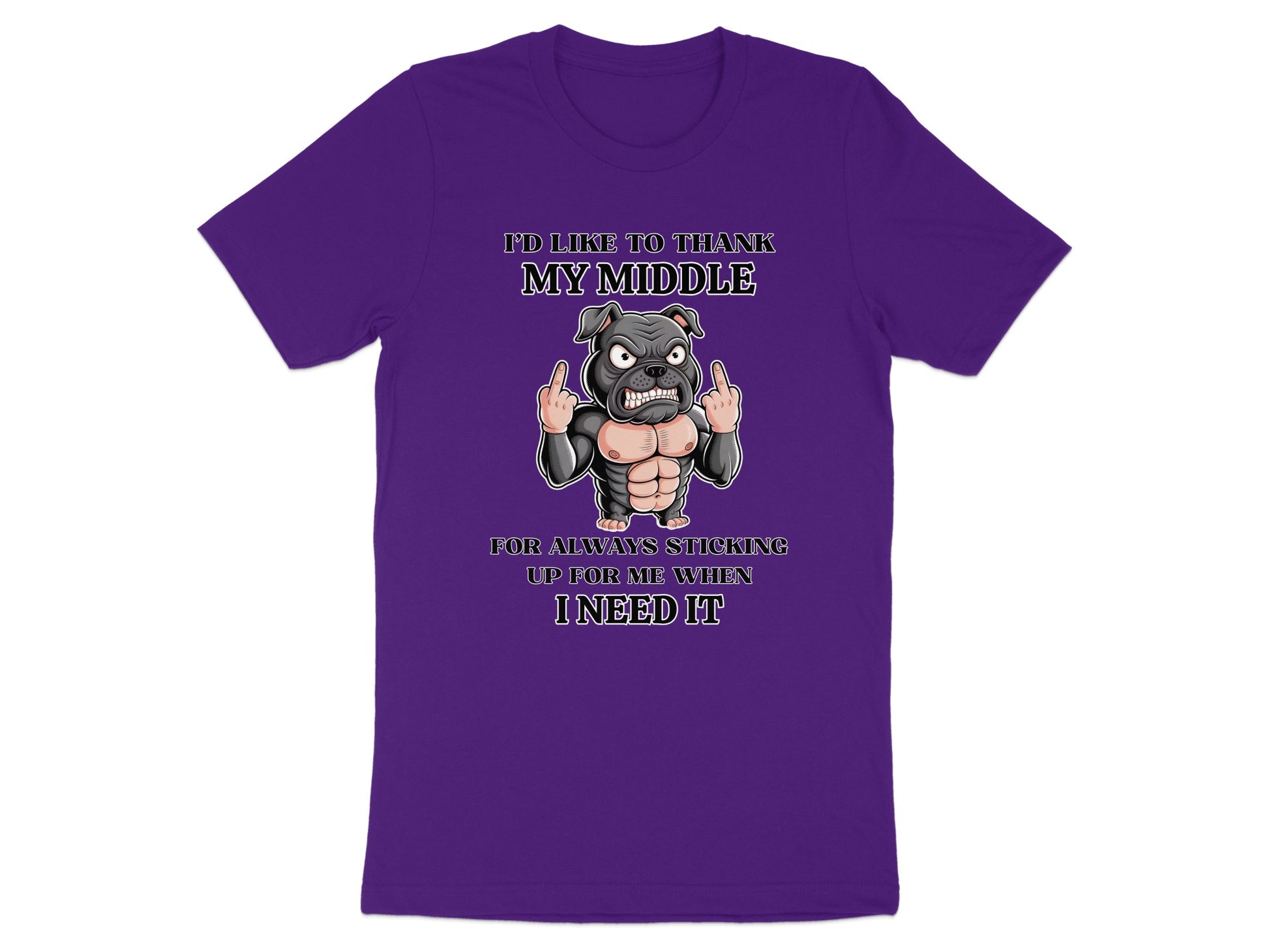 Purple t-shirt with a muscular bulldog giving the middle finger and saying "I'd like to thank my middle".
