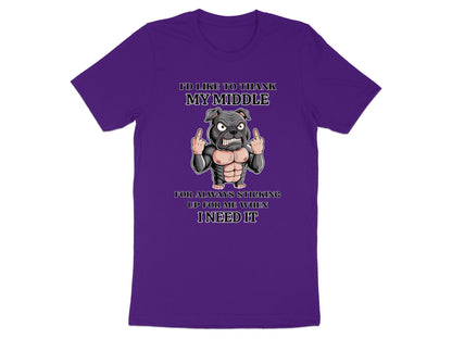 Purple t-shirt with a muscular bulldog giving the middle finger and saying "I'd like to thank my middle".