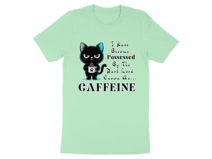 Black cat holding coffee mug with text "I Have Become Possessed By The Dark Lord Known As... CAFFEINE"