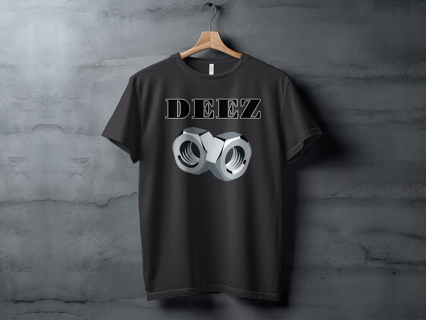 Black t-shirt featuring "DEEZ" text and two silver nuts graphic.