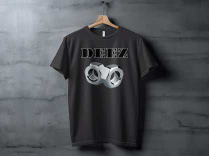 Black t-shirt featuring "DEEZ" text and two silver nuts graphic.