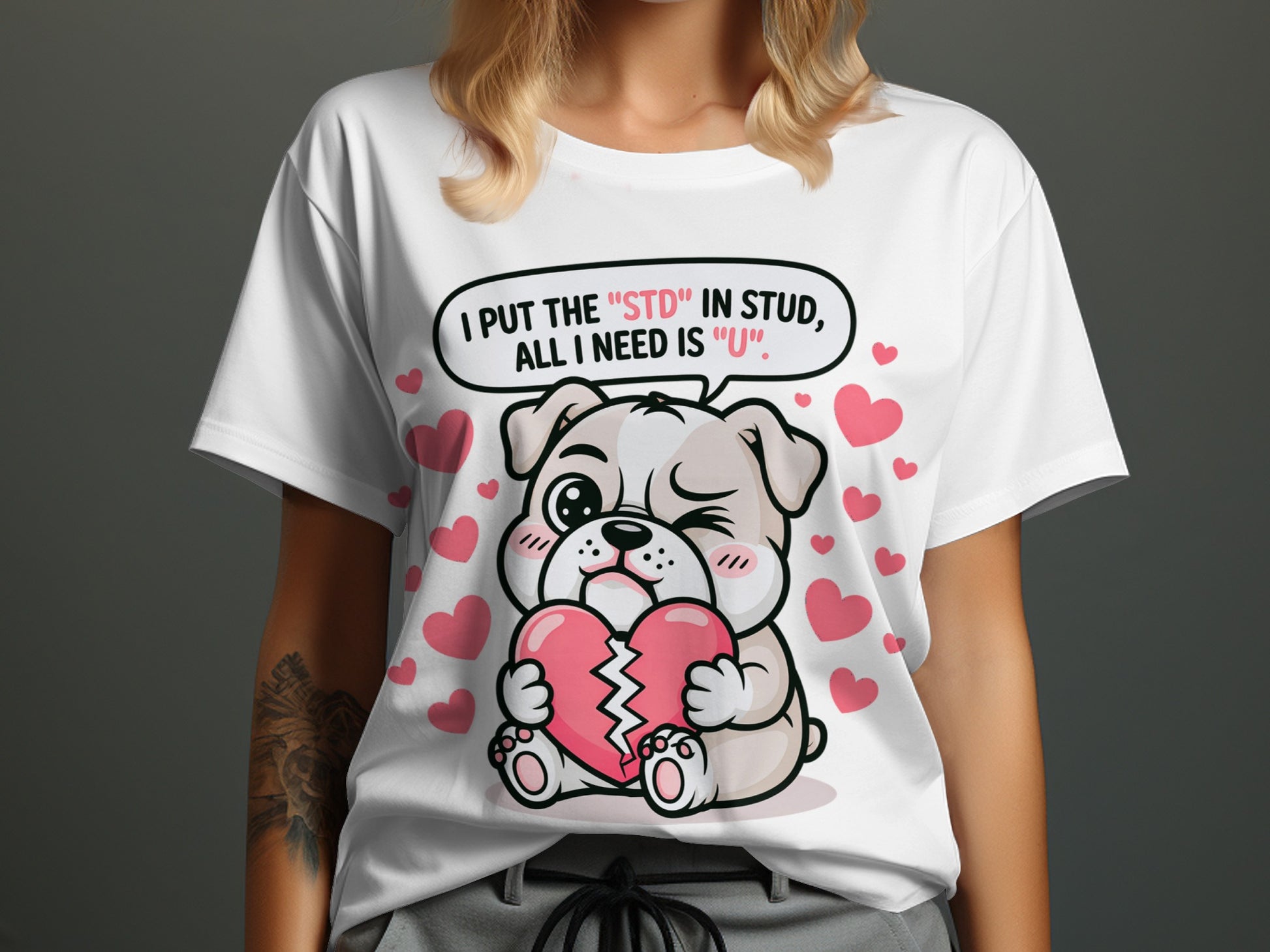 White t-shirt with bulldog holding a broken heart, "I put the 'STD' in stud, all I need is 'U'."