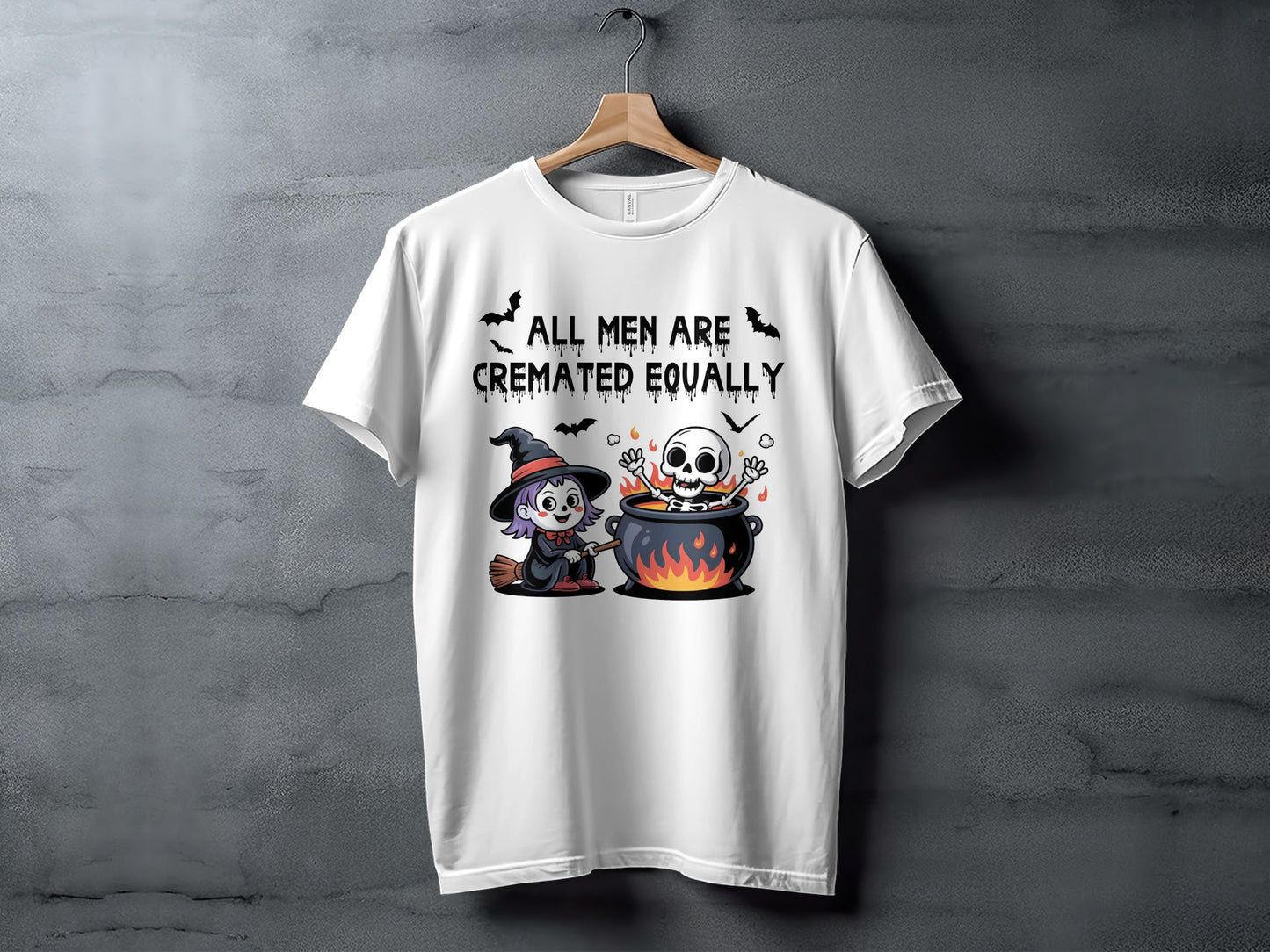 White t-shirt with Halloween graphic and text "ALL MEN ARE CREMATED EQUALLY".