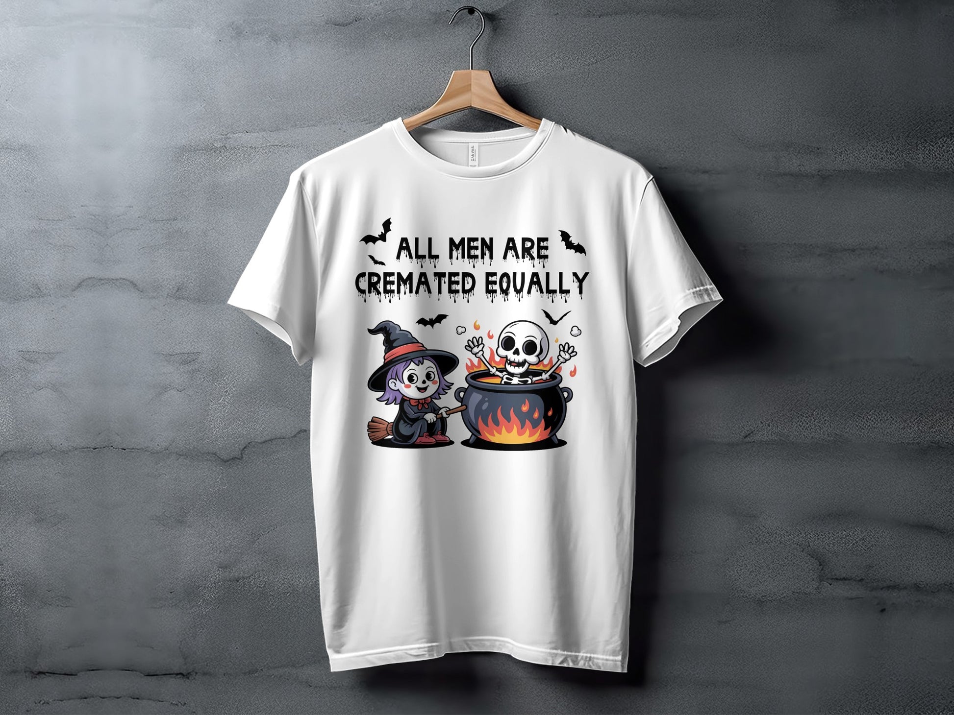 White t-shirt with Halloween graphic and text "ALL MEN ARE CREMATED EQUALLY".