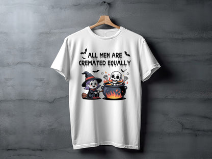 White t-shirt with Halloween graphic and text "ALL MEN ARE CREMATED EQUALLY".