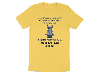 Yellow t-shirt with a cartoon donkey and text about its behind.