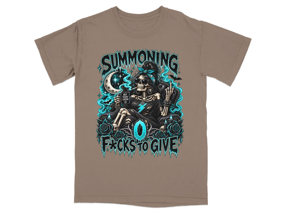 Brown t-shirt featuring a graphic of a skeleton drinking coffee, surrounded by blue flames and text.