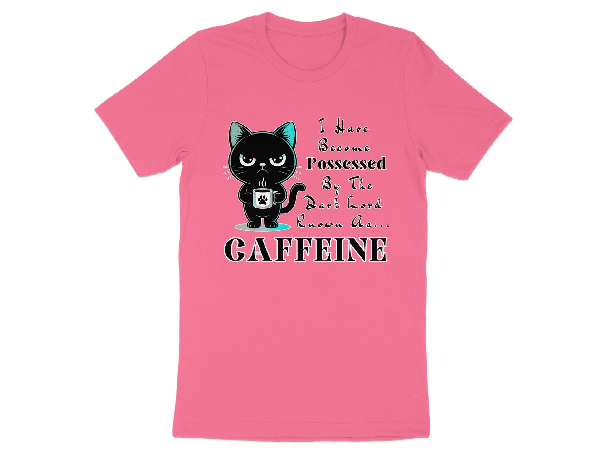 Pink t-shirt with cartoon black cat holding coffee mug and text "CAFFEINE".