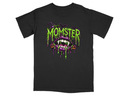 Black t-shirt with "MOMSTER" text over dripping lips, witch hat, bats, and pumpkins.
