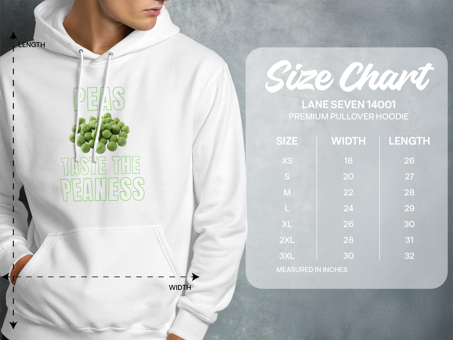White hoodie with green peas graphic and "Peas Taste the Peaness" text, with size chart.