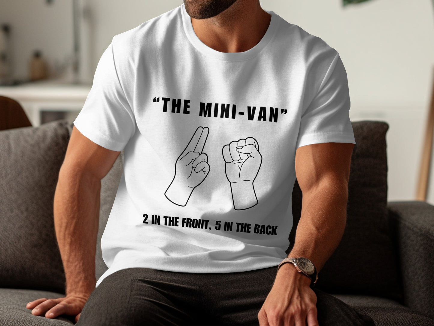 White t-shirt with "The Mini-Van" and hand gestures.