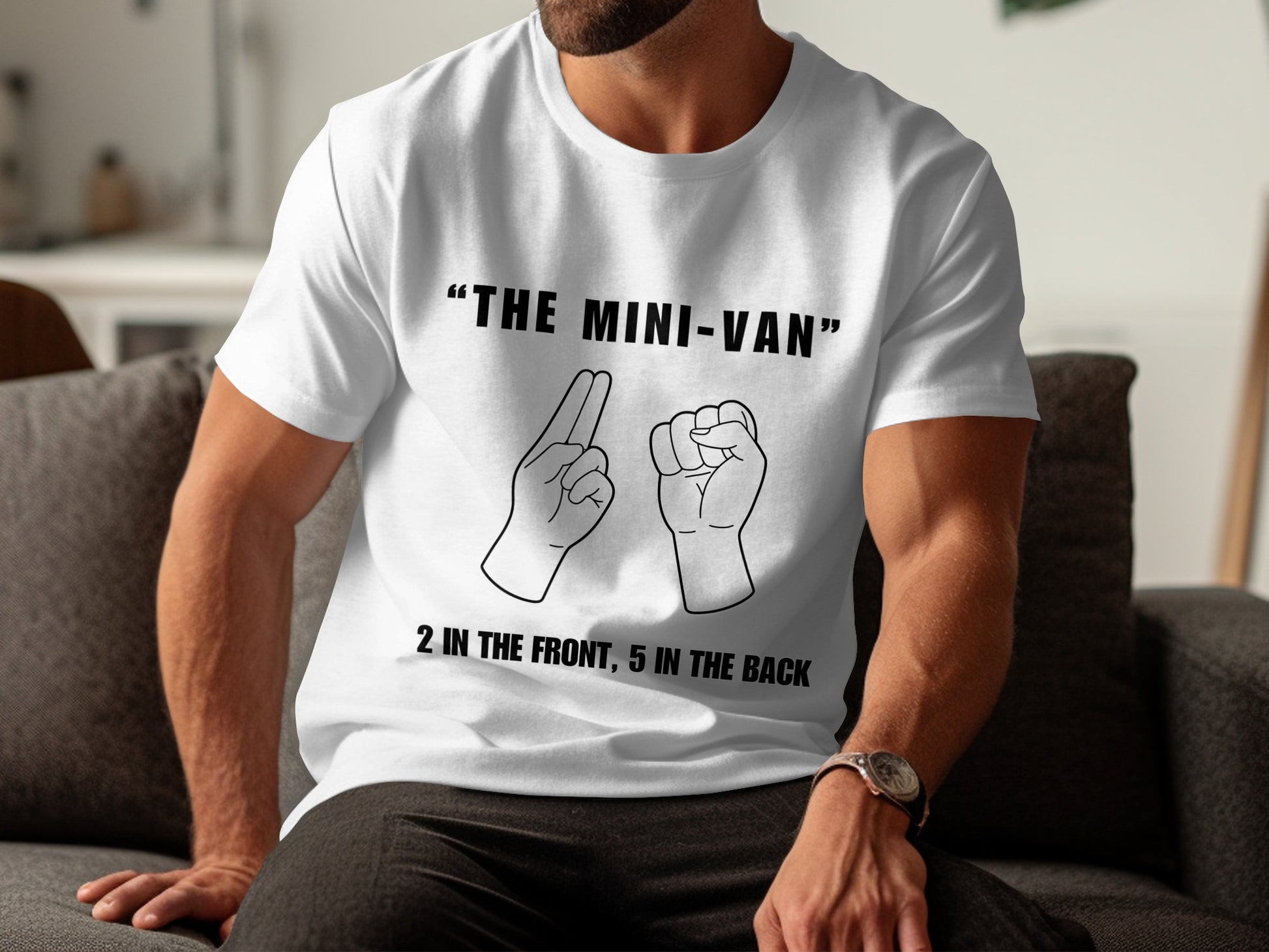 White t-shirt with "The Mini-Van" and hand gestures.