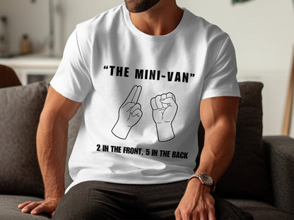 White t-shirt with "The Mini-Van" and hand gestures.