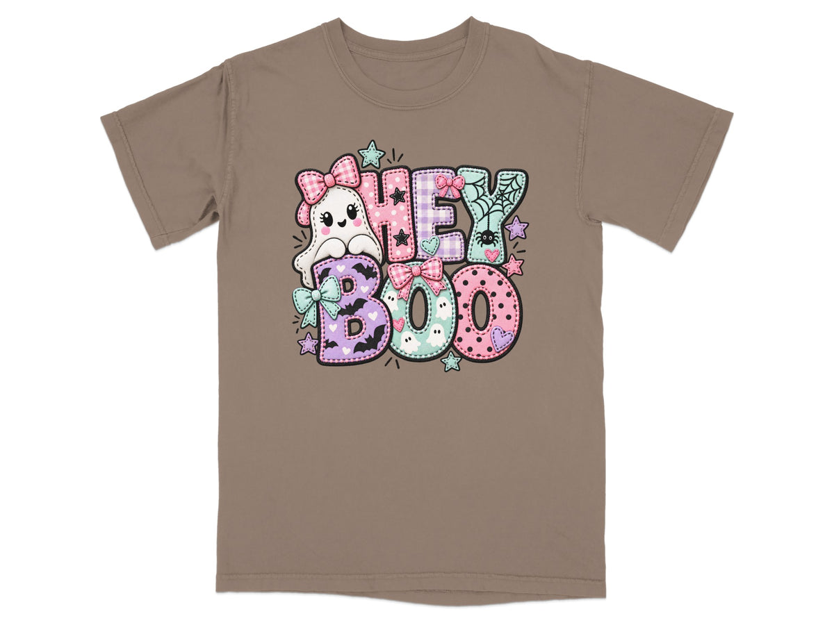 Brown t-shirt with "Hey Boo" Halloween graphic featuring a ghost and pastel patches.