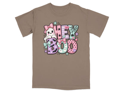 Brown t-shirt with "Hey Boo" Halloween graphic featuring a ghost and pastel patches.