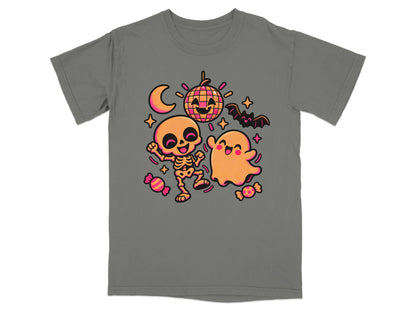 Skeleton and ghost dancing with disco ball, moon, bat, and candy.