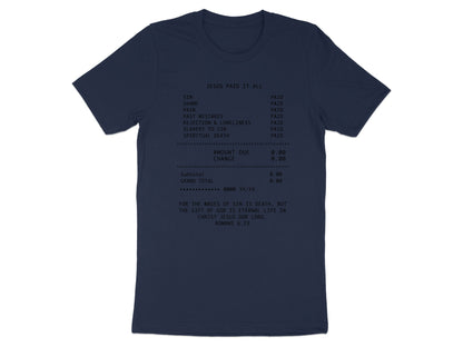 Navy t-shirt with "JESUS PAID IT ALL" text listing sins as paid.