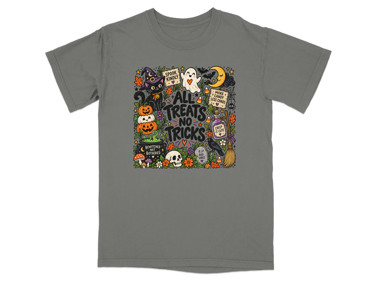 Halloween graphic with text "All Treats No Tricks" and various spooky elements.
