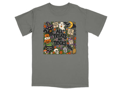Halloween graphic with text "All Treats No Tricks" and various spooky elements.