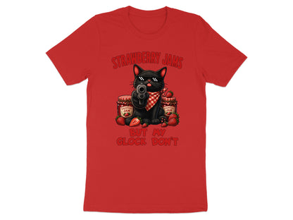 Black cat with gun and strawberry jam jars, text reads "Strawberry Jams But My Glock Don't."
