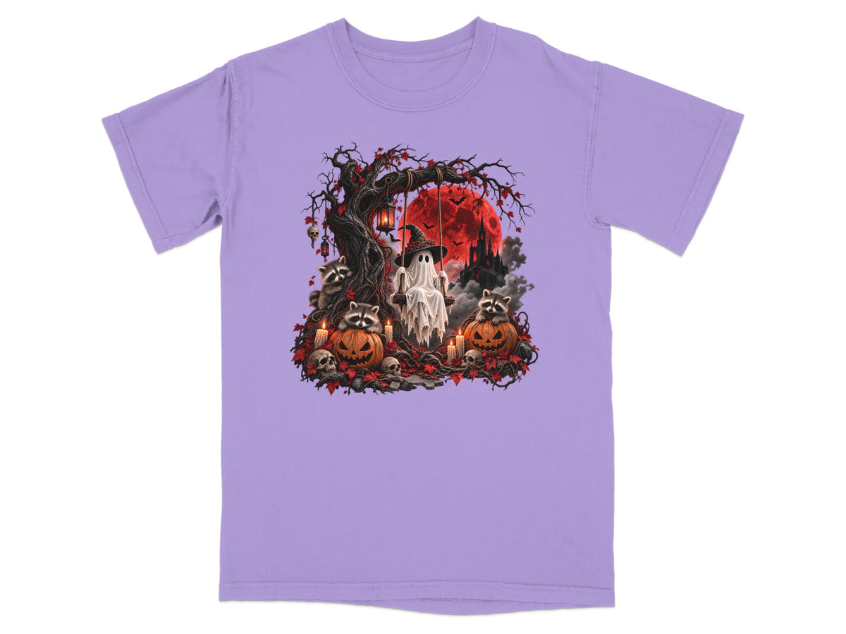 Halloween scene with ghost on swing, raccoons, pumpkins, and castle under red moon.
